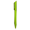 A green plastic pen with a sleek design and a clip on the side, featuring a smooth writing tip.