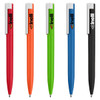 A collection of five metal pens in red, orange, green, blue, and black, featuring a logo on each pen.