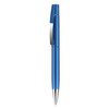 A blue plastic pen with a silver clip and a glossy finish. The pen has a streamlined design and a logo.