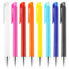 Eight plastic pens in various colours: white, pink, red, yellow, blue, green, purple, and black. Each pen features a clip and a shiny tip.