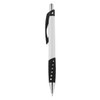 A plastic pen in white with a black grip and chrome accents, featuring a logo.