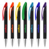 A set of plastic pens in black with coloured accents: yellow, orange, green, blue, and purple, each featuring a logo.