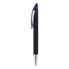 A plastic pen in black with a purple clip and a silver tip, featuring a logo on the barrel.