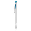 A plastic pen in white with a blue top and silver accents, featuring a clip and a branded design.