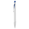 A plastic pen in white with a blue accent and a silver tip, featuring a logo on the body.