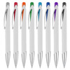 A collection of eight plastic pens with white bodies and coloured accents: orange, green, blue, purple, and black. Each has a silver tip.