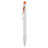 A plastic pen with a white body, orange accents, and a silver tip, featuring a branding logo.