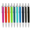 A collection of ten pens in vibrant colours, including pink, orange, teal, blue, and black, with silver accents.