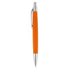 An orange pen with a silver clip and tip, featuring a sleek, modern design.