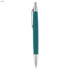 A teal pen with a silver clip and tip, featuring a sleek design and a branding logo.