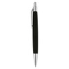A black pen with a silver tip and clip, featuring a smooth, sleek design and a branded logo.