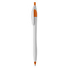 A plastic pen in white with orange accents, featuring a clip and a branding logo.