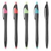 A collection of five plastic pens in black with various brightly coloured accents: pink, red, green, blue, and one entirely black.