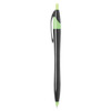 A black plastic pen with a green clip and tip, featuring a branding logo.