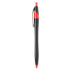 A plastic pen in black and red, featuring a sleek design and a clip for easy attachment. Includes a logo.
