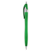 A green plastic pen with a metallic finish and a clip, featuring a silver accent and branding.