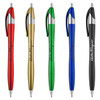 Five metallic plastic pens in red, gold, green, blue, and black, each with a clip and branding.