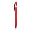 A red metallic pen with silver accents and a clip. The pen has a sleek, smooth design and a logo.