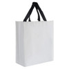 A white paper bag with black handles and a logo on one side, featuring a simple and sleek design.