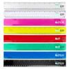 A set of plastic rulers in various colours including clear, pink, yellow, red, blue, and black, each with markings and a logo.