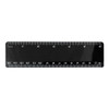 A black plastic ruler measuring 15cm, featuring clear markings in inches and a branding logo.