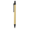 A recycled cardboard pen with a natural finish and black accents, featuring a clip and a logo.