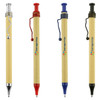 Four spiral recycled cardboard pens in natural, red, blue, and black with branding and metal accents.