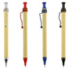 A collection of four recycled cardboard pens in silver, red, blue, and black, featuring sleek designs and coloured clips.