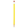 A round mechanical pencil with a yellow body and red eraser, featuring a silver tip and a logo on its side.