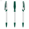 A set of green and white plastic pens featuring a streamlined design and clip for easy attachment.