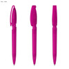A set of bright pink transparent plastic pens with clip tops and pointed tips, featuring a logo.