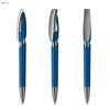 Blue plastic pen with a sleek design and silver accents, featuring a clip and a smooth finish. The pen has a logo.