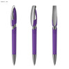 A purple plastic pen with a silver clip and accents, featuring a sleek design and a logo.