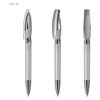 A transparent plastic pen with a metallic clip and tip, showcasing a sleek design in clear and chrome colours.