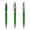 A transparent dark green plastic pen with a silver clip and accents, featuring a sleek design.