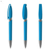 A blue plastic pen with a shiny silver tip and a clip, displayed from three angles.