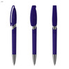 Three purple plastic pens with shiny silver tips and clear caps, featuring a clip, displayed from different angles.