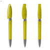 Three plastic pens in a vibrant yellow colour, featuring a transparent design and silver accents. Each pen has a cap.