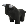 A black stress relief bull figurine with a smooth finish, featuring white accents on the horns.