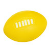 A yellow stress football with a white logo design on the surface.