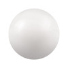 A round white stress ball with a smooth surface and a logo visible on it.