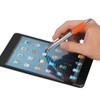 A stylus pen with an orange grip is being used on a tablet screen. The pen features a metallic body and has a logo.