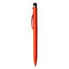 A stylus pen in bright orange with a black tip and a clip. It features a logo on the body.