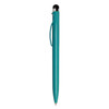 A stylus pen in turquoise with a black tip and a clip, featuring a simple design and a logo.