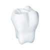 A white stress toy shaped like a tooth, featuring smooth surfaces and rounded edges. It has a logo on it.