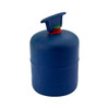 A blue stress gas bottle with a red and green handle, featuring a simple logo.