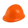 An orange stress hard hat with smooth surfaces and a rounded top, featuring a simple design and a logo.