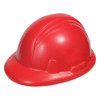 A red stress ball in the shape of a hard hat, featuring a smooth, rounded design and a logo.
