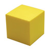 A yellow stress cube with a smooth surface, featuring a logo on one side.