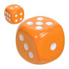 An orange large dice and a smaller orange dice, both with white dots, are featured in the image.